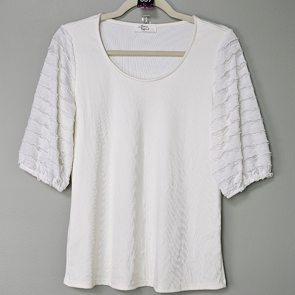 NWOT Beacon Apparel Women's White Top w Sheer Textured Short-Sleeves, Size MED - Picture 1 of 7